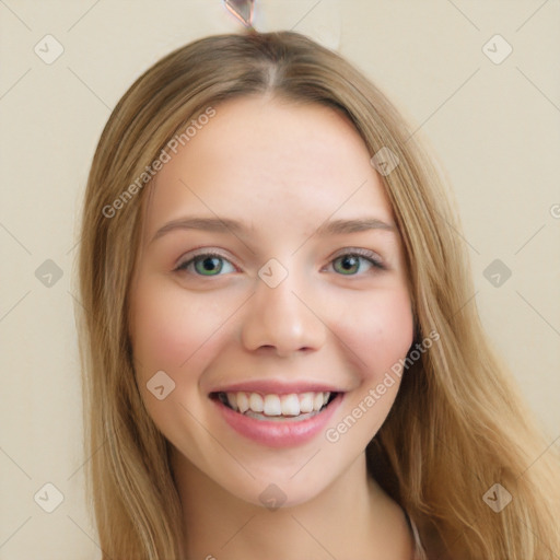 Joyful white young-adult female with long  brown hair and green eyes