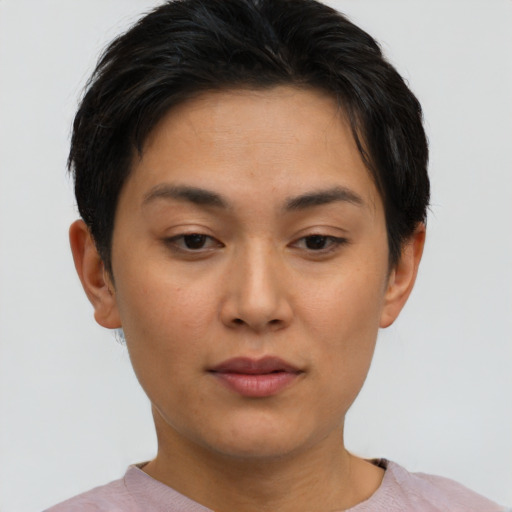 Neutral latino young-adult female with short  brown hair and brown eyes