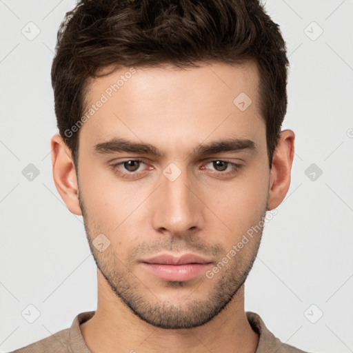 Neutral white young-adult male with short  brown hair and brown eyes