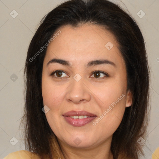 Joyful white adult female with medium  brown hair and brown eyes