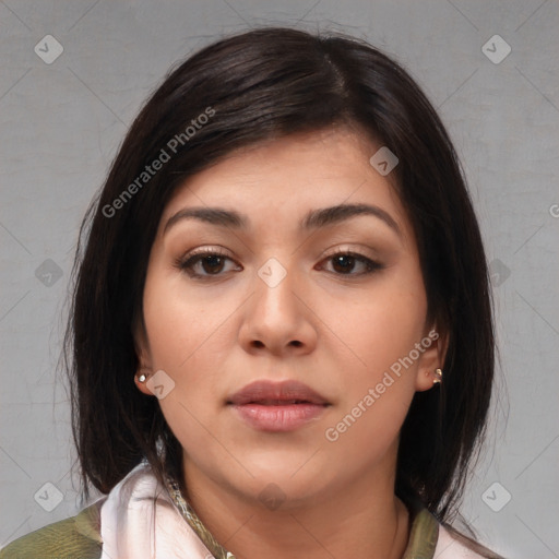 Neutral white young-adult female with medium  brown hair and brown eyes