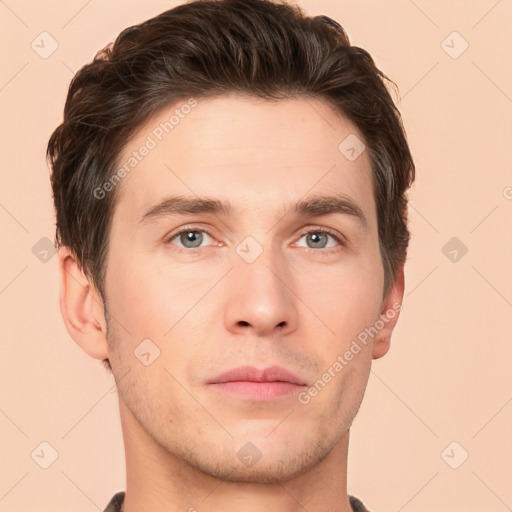 Neutral white young-adult male with short  brown hair and brown eyes