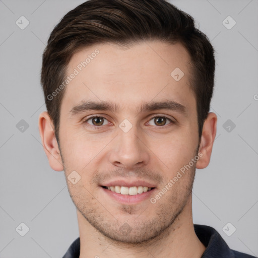 Joyful white young-adult male with short  brown hair and brown eyes