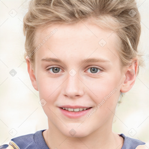 Joyful white child female with medium  brown hair and blue eyes