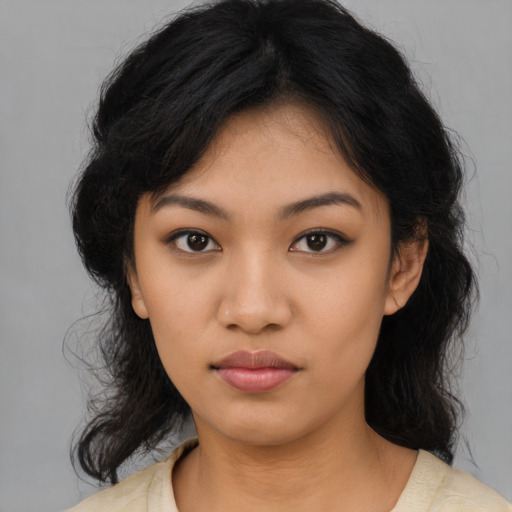 Neutral asian young-adult female with medium  black hair and brown eyes
