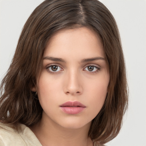 Neutral white young-adult female with medium  brown hair and brown eyes