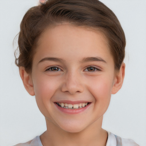 Joyful white child female with short  brown hair and brown eyes