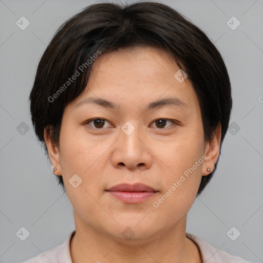 Neutral asian young-adult female with short  brown hair and brown eyes