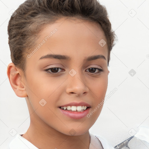 Joyful white child female with short  brown hair and brown eyes