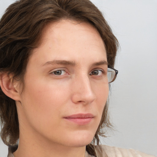 Neutral white young-adult female with medium  brown hair and grey eyes