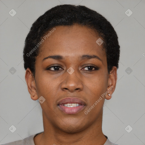 Joyful black young-adult female with short  black hair and brown eyes