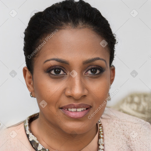 Joyful black young-adult female with short  brown hair and brown eyes