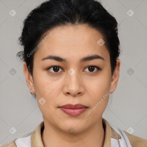 Joyful latino young-adult female with short  brown hair and brown eyes