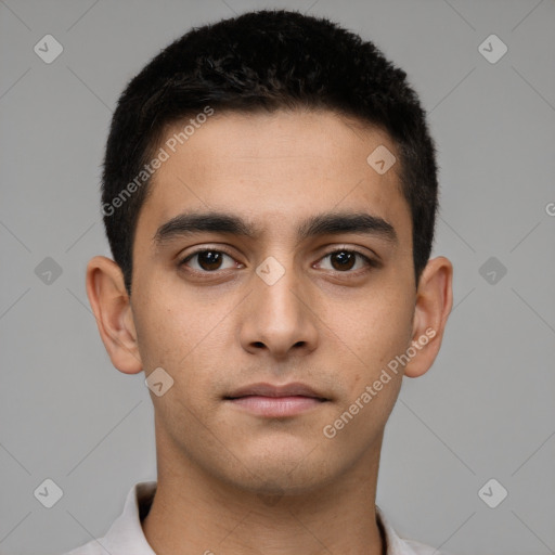 Neutral white young-adult male with short  brown hair and brown eyes