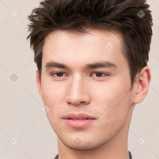 Neutral white young-adult male with short  brown hair and brown eyes