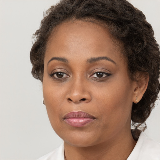 Joyful black young-adult female with medium  brown hair and brown eyes