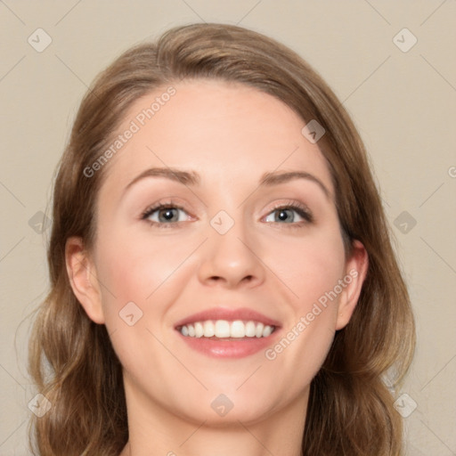 Joyful white young-adult female with medium  brown hair and green eyes