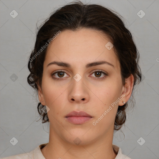 Neutral white young-adult female with medium  brown hair and brown eyes