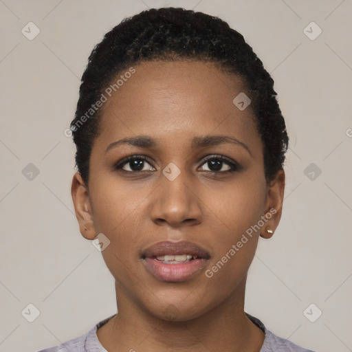 Neutral black young-adult female with short  black hair and brown eyes