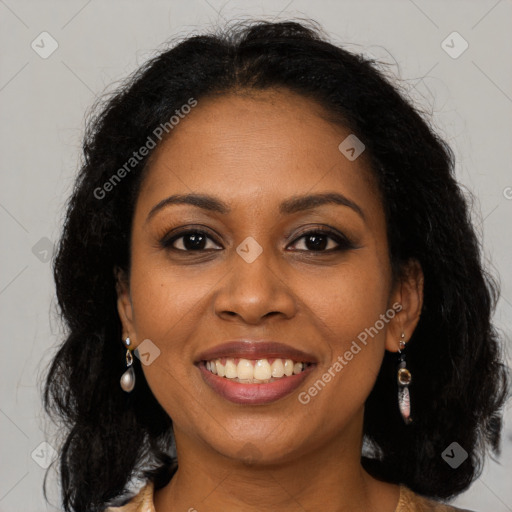 Joyful black young-adult female with medium  brown hair and brown eyes