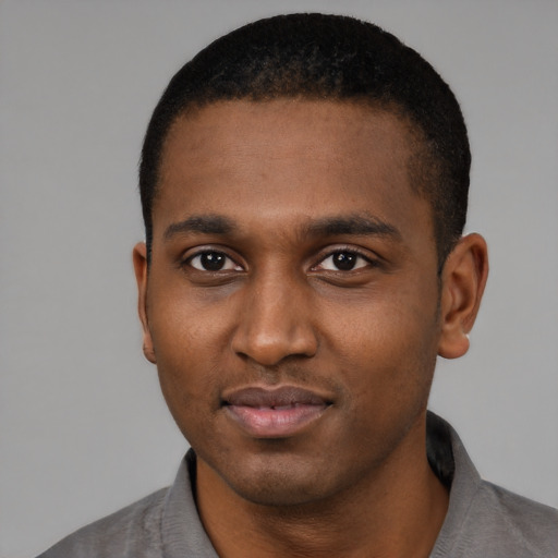 Neutral black young-adult male with short  black hair and brown eyes