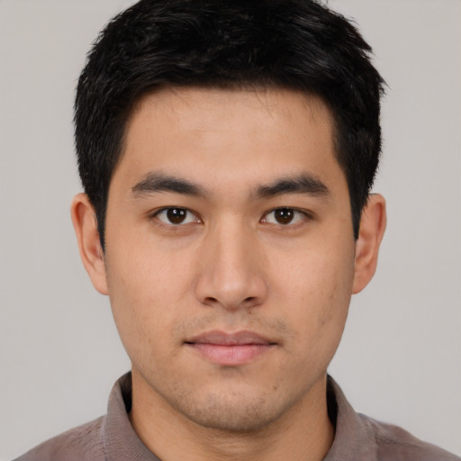 Neutral asian young-adult male with short  black hair and brown eyes