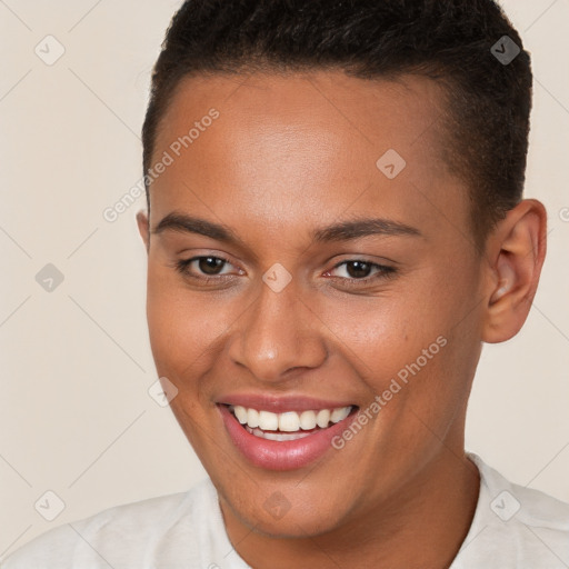 Joyful white young-adult female with short  brown hair and brown eyes