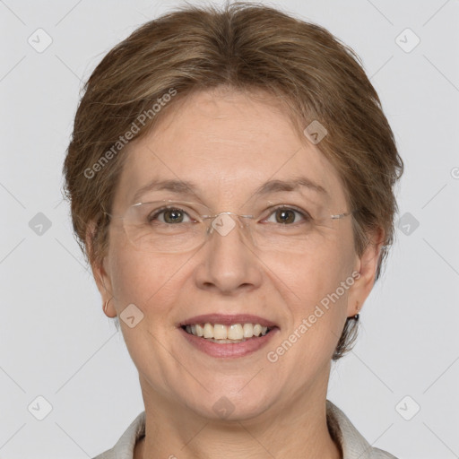 Joyful white adult female with short  brown hair and grey eyes