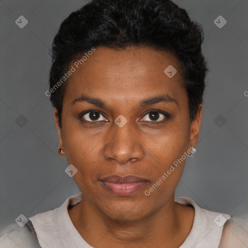 Neutral black young-adult female with short  black hair and brown eyes