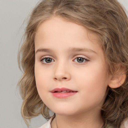 Joyful white child female with medium  brown hair and brown eyes