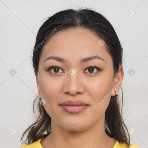 Joyful asian young-adult female with medium  brown hair and brown eyes