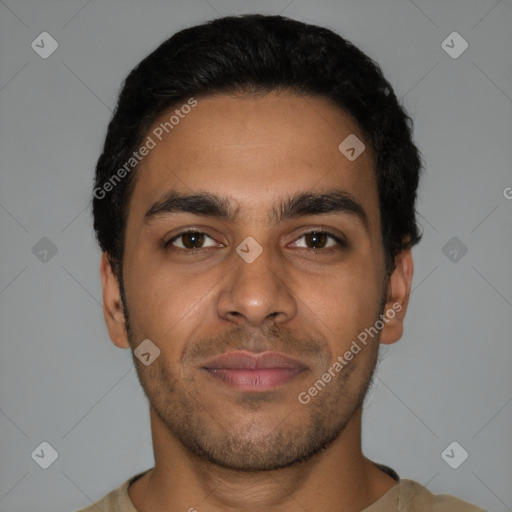 Neutral latino young-adult male with short  black hair and brown eyes