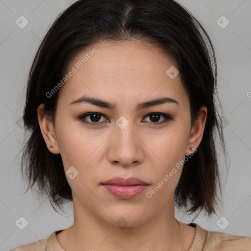 Neutral white young-adult female with medium  brown hair and brown eyes