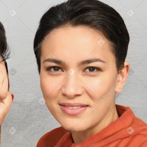 Joyful white young-adult female with medium  brown hair and brown eyes