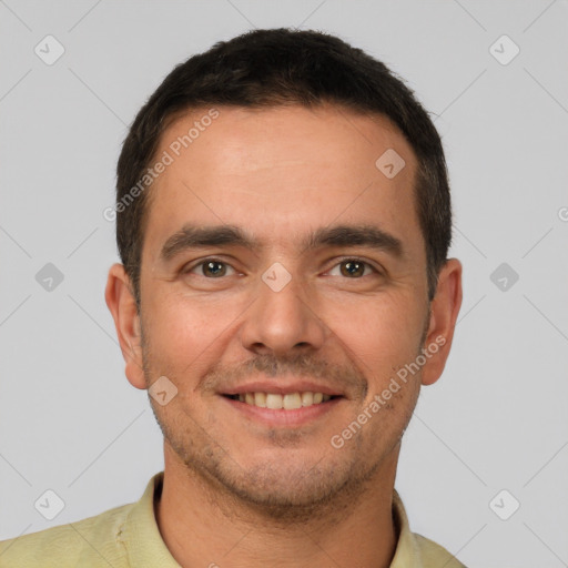 Joyful white young-adult male with short  brown hair and brown eyes