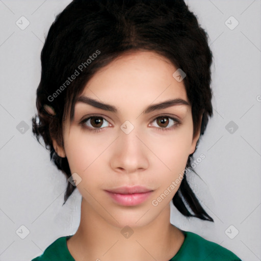 Neutral white young-adult female with medium  black hair and brown eyes