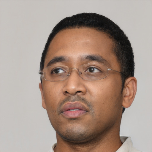 Neutral black young-adult male with short  black hair and brown eyes