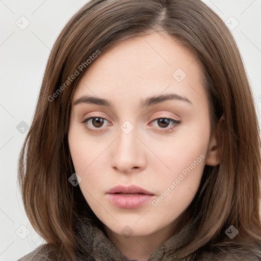 Neutral white young-adult female with long  brown hair and brown eyes