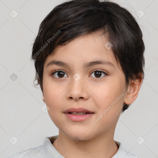 Joyful white child female with medium  brown hair and brown eyes