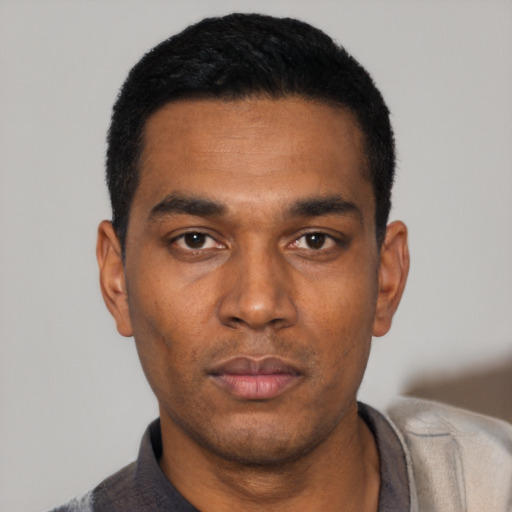 Neutral black young-adult male with short  black hair and brown eyes