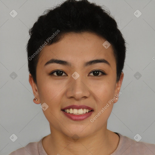 Joyful black young-adult female with short  black hair and brown eyes