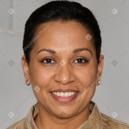 Joyful latino adult female with short  brown hair and brown eyes