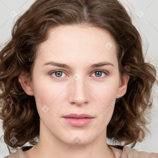 Neutral white young-adult female with medium  brown hair and blue eyes