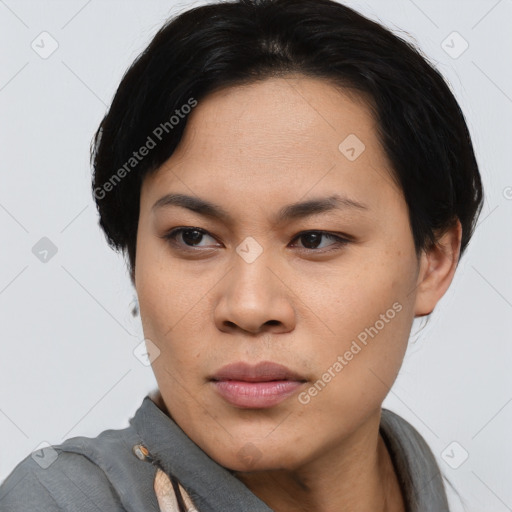 Joyful asian young-adult female with short  black hair and brown eyes