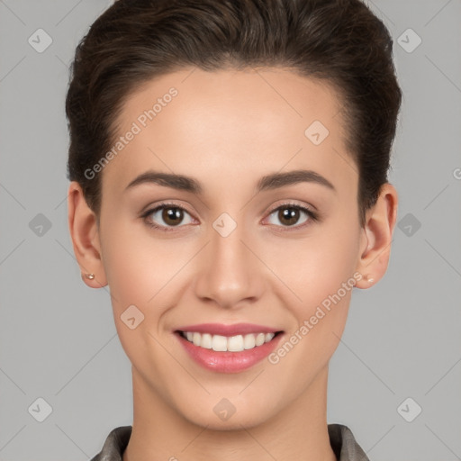 Joyful white young-adult female with short  brown hair and brown eyes