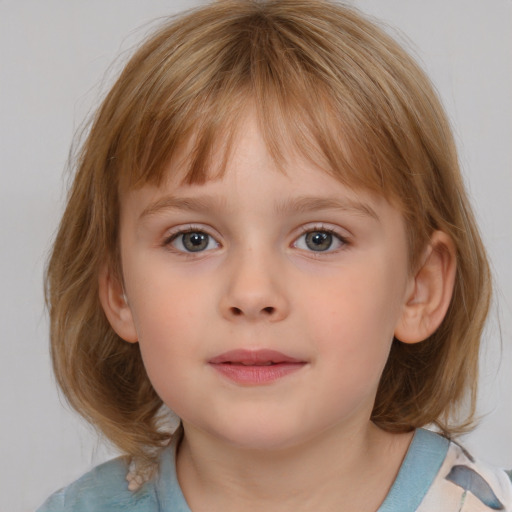 Neutral white child female with medium  brown hair and blue eyes