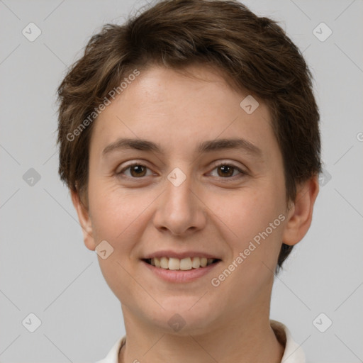 Joyful white young-adult female with short  brown hair and brown eyes