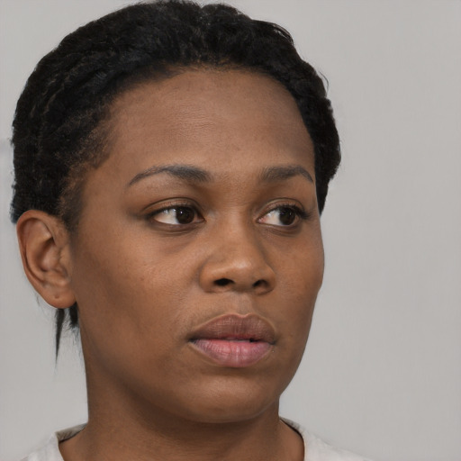 Neutral black young-adult female with short  brown hair and brown eyes