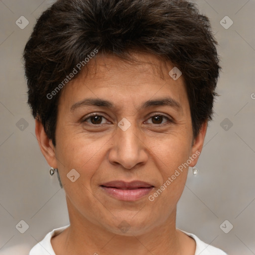 Joyful white adult female with short  brown hair and brown eyes