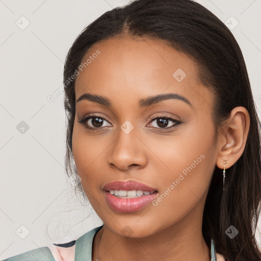 Joyful white young-adult female with long  brown hair and brown eyes